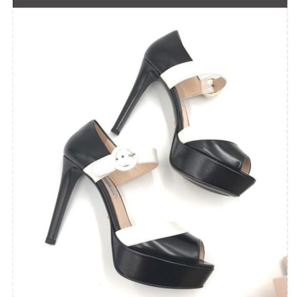 Prada Black & White Leather Platform Ankle Strap Sandals
